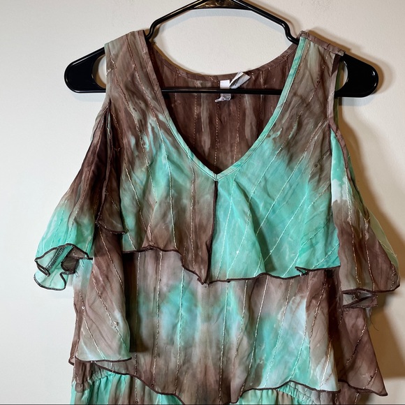 SOLD Sami & Jo Blue & Brown Cold Shoulder Dress - Picture 2 of 14
